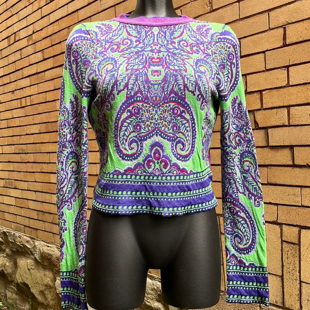 Free People Neon Green Purple Paisley Cropped Knit Sweater Size Small